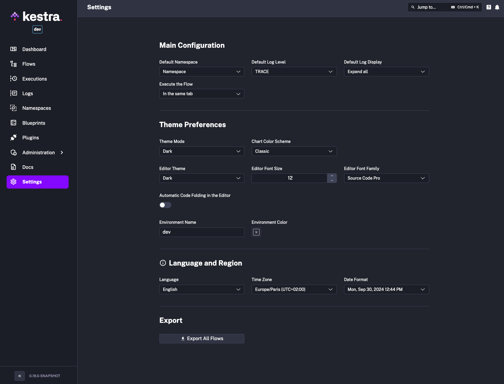 Kestra User Interface Settings Page