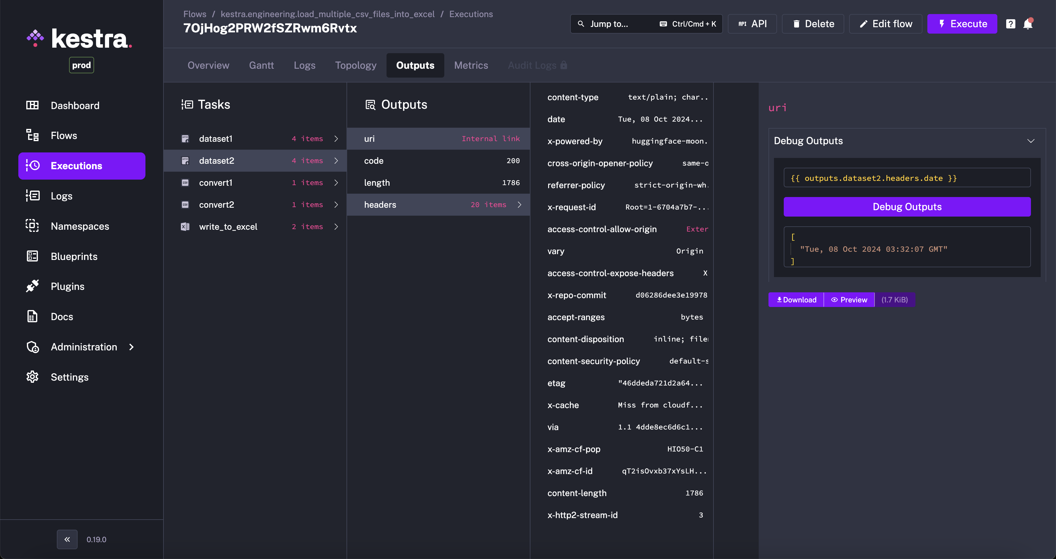 Kestra User Interface Execution Debug Outputs